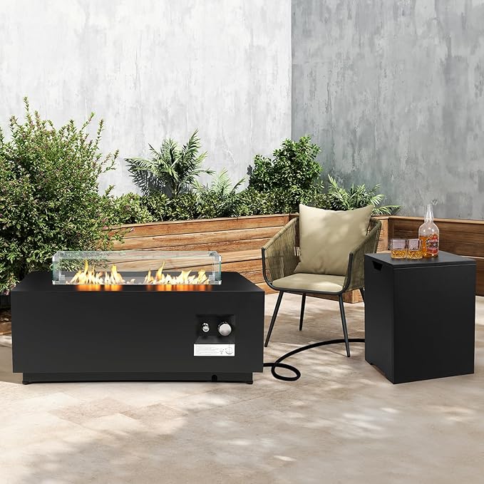 Outdoor Propane Fire Pit Table, 42inch Natural Gas Fire Pits for Outside Patio Rectangular Iron Firepit with Tank Cover, Wind Guard, Steel Lid, Rain Cover, 50,000 BTU Fire Table (Black)
