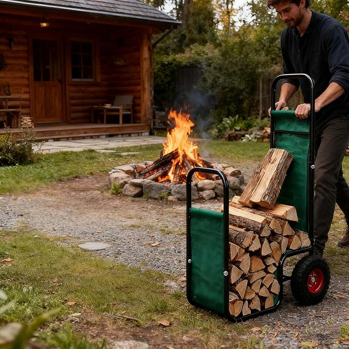 Firewood Cart: 44 X 27 X 20 in Heavy Duty 220 lbs Load Capacity Waterproof Easy Assembly Rack for Indoor Garden Backyard Fireplace Men Women Use with Pneumatic Rubber Wheels