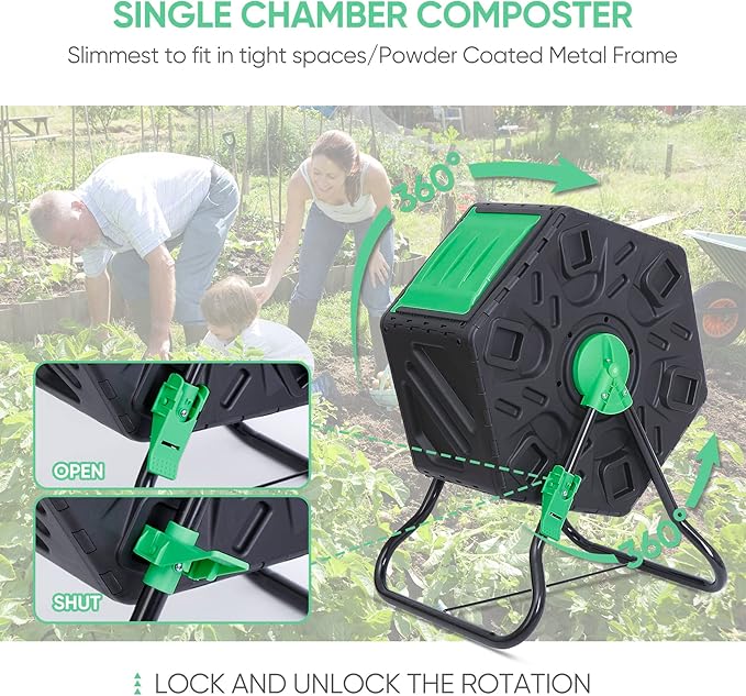 BBBuy Compost Bin Tumbling Composter Rotating w/Sliding Doors Compost Bin, Single Chamber Heavy Duty Outdoor Gardening Composting Tumblers Garden Yard (18.5 Gallon, Black)