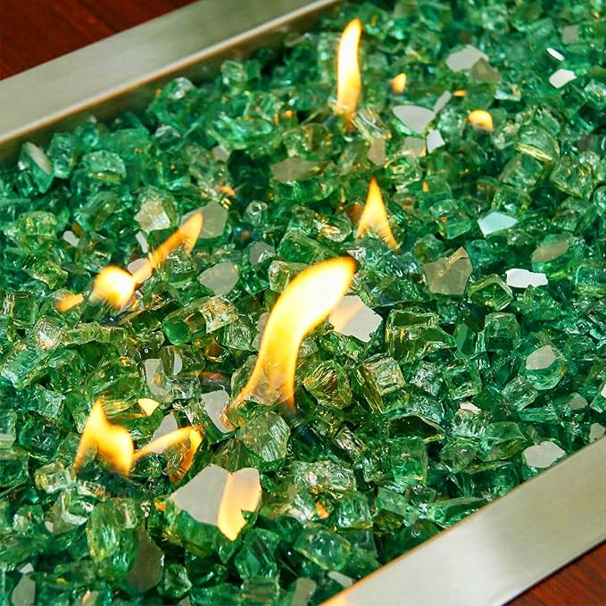 Grisun Green Fire Glass for Fire Pit 10 Pounds - 1/2 Inch High Luster Reflective Tempered Glass Rocks for Natural or Propane Fireplace, Safe for Outdoors and Indoors Firepit Glass