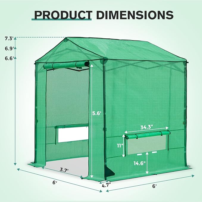 COOS BAY 6x6 FT Pop up Greenhouse Outdoor, Walk in Green House with Power Access Openings, Zippered Doors & Windows, Durable PE Cover, Green