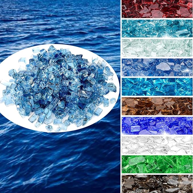 Onlyfire 10 pounds Fire Glass for Propane Gas Fire Pit, 1/4-Inch High Luster Fireplace Glass Rocks for Fire Pit Table, Pacific Blue