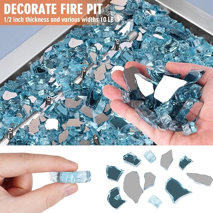Mesida Fire Glass for Propane Fire Pit - 10 lb Reflective High Luster Glass Rocks, Caribbean Blue 1/4-Inch Fire Pit Glass for Indoor/Outdoor Fireplace & Fire Table, Tempered Decorative Firepit Rocks