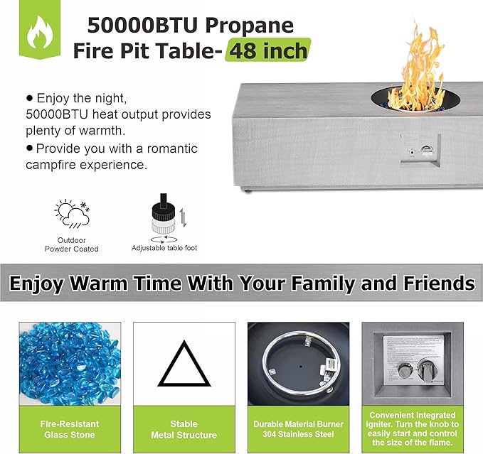Dineli 2-Piece Outdoor Propane Fire Pit Table Set w Tank Table 48'' Rectangular Firepit Gas Fire Pits for Outside Patio Fire Table Tabletop Fire Pits, 50,000 BTU, Light Gray