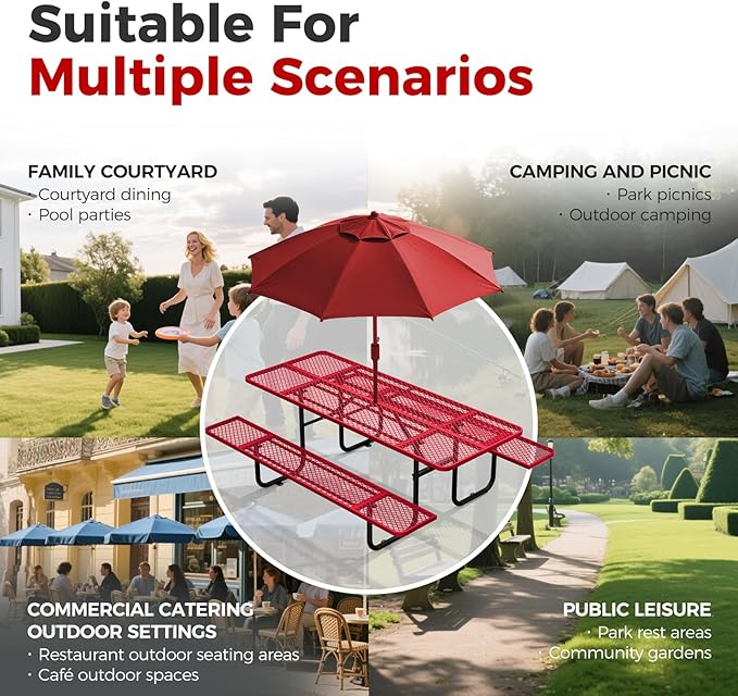 Rueekfil 72" Coated Picnic Table with Umbrella Hole, Heavy Duty Commercial Picnic Table for Outdoors, Family & Party Ready for School Camping, Rectangular, Red