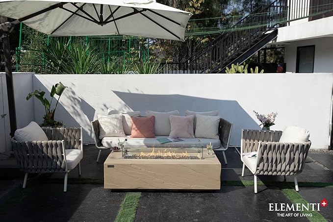 Elementi+ | Bundle Colorado Gas Fire Pit Cast Concrete 56" Rectangular Fire Table | Electronic Ignition | Canvas Cover, Fire Glass and Burner Lid Included | Sunlight Yellow | Propane Gas