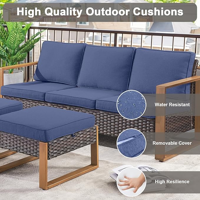 Belord 6 Piece Outdoor Patio Furniture Set with Propane Fire Pit Table, Wicker Patio Conversation Set with2 Patio Wicker Chairs Rattan Sofa and Removable 4" Thick Cushions for Deck Backyard