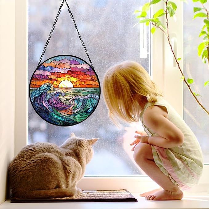 DASTOLL Stained Glass Window Hanging, Clouds and Sea Waves Suncatcher Diamond Glass Panel Hangings Scenery Sun Catchers Decor for Birthday for Women, Men, Wife, Aunt, and Mom 11.8 in