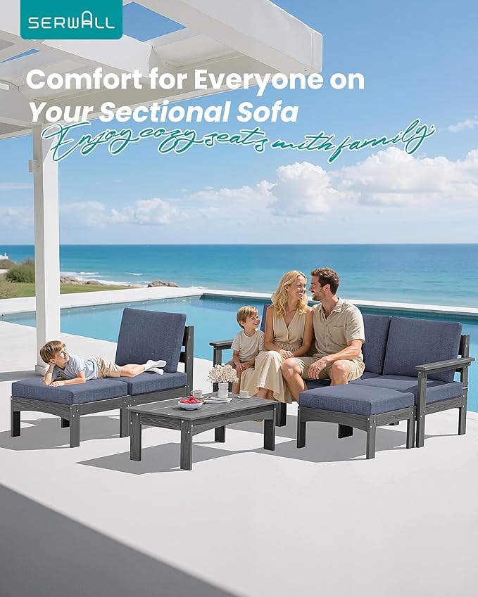 SERWALL 7-Piece Patio Sofa Set with 15FT Double Side Patio Umbrella, Outdoor Furniture Set, All-Weather HDPE Sectional Conversation Set, Large Modular Sofas for Garden, Grey Frame with Grey Cushion