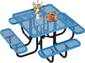 46" Square Top Outdoor Picnic Table Set for Up to 8 Persons, Outside Table Set with 4 Built-in Benches, Metal Commercial Grade Dining Furniture with Umbrella Hole for Garden, Backyard, Patio, Blue