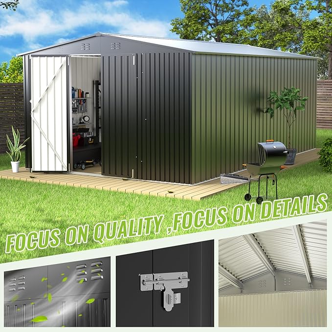 PABIMIA10X14 FT Outdoor Storage Shed, Durable Metal Outside Storage with Lockable Doors, Waterproof Storage Shed for Tools, Equipment, Ideal for Backyard Garden Patio Lawn