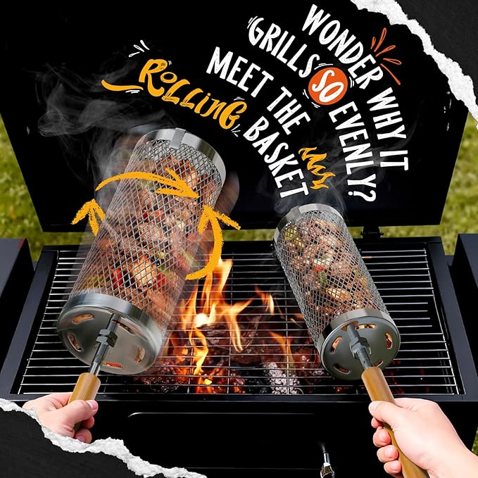 Rolling Grill Basket 2-Pack,304 Stainless Steel Grill Basket with Removable Wooden Handle,BBQ Tool & Smoker Accessory for Veg & Shrimp,Ideal for Outdoor Cooking,Camping & Gifts for Dad/Husband/Men