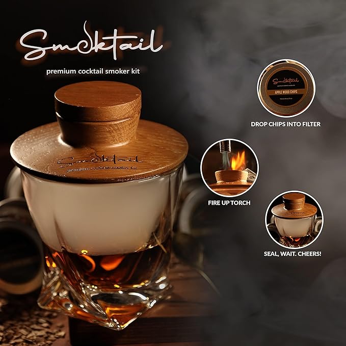 Cocktail Smoker Kit Vintage Box by Smoktail - Bourbon Smoker Set for Old-Fashioned & Whiskey Cocktails Infuser Kit for Party, 4 Flavor Wood chip - Gifts for Men & Women (Without Butane)