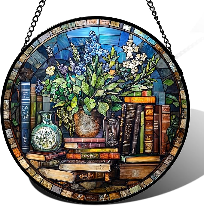 QZQCBLC Stained Glass Window Hanging Teal Flower Vintage Books 9.8" - Blue Suncatcher Door Garden Sun Catcher Home Decor Birthday Christmas for Mom Men Woman Nana Friend