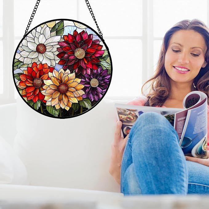 AMDERVEN Stained Glass Window Hanging, Colorful Flowers Sun Catcher for Window Door Home Decor Plant Suncatcher Christmas Mother's Day Birthday Gifts for Women Men Mom and Nana 7.8 in