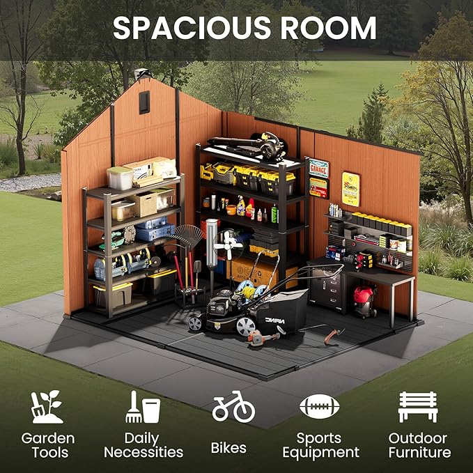 CRESTLIVE 8x10 FT Rust-Resistant Plastic Outdoor Storage Shed, Waterproof Resin Garden Shed with Floor, Doors, Skylight & Vent for Lawn Tools & Bikes