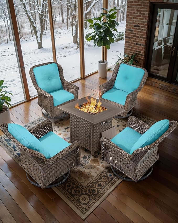 Outdoor Patio Swivel Gliders with Fire Pit Table 5 Piece Set - High Back Brown Wicker Rattan Rocking Chair with Thick Cushion for Porch Apartment Deck Yard Poolside Garden - Turqoise