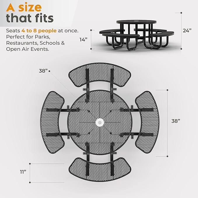 OUTTANS Round Metal Picnic Tables for Kids for Outdoors with Umbrella Hole, Adjustable Seats for School, Park, Playground (Black, 38 in, Kids, Expanded Steel)