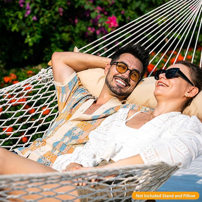 Lazy Daze Hammocks 12FT Double Rope Hammocks, 2 Person Hand Woven Cotton Hammock with Pillow and Spreader Bar for Outside, Patio, Poolside, FIT 13-15 Foot Stand, Max 450 Lbs, Natural, 141 x 57 inches