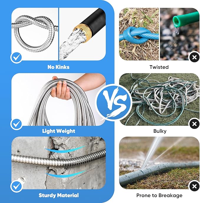 Garden Hose 50 FT, Metal Stainless Steel Water Hose with 10 Function Nozzles, No Kinks, Flexible Hose, Lightweight, Puncture Proof, Heavy Duty Hose for Yard and Outdoor