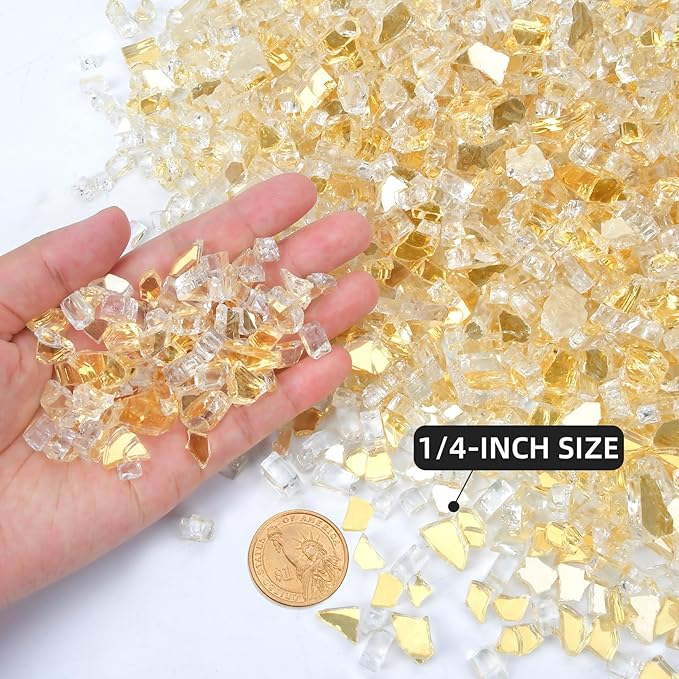 GasSaf 1/4 Inch Fire Glass Reflective Tempered Fireglass Cut Crushed FireGlass for Fire Pit, Fireplace, Replaces Existing Gas Logs & Lava Rocks (10 Pound)(Gold Reflective)