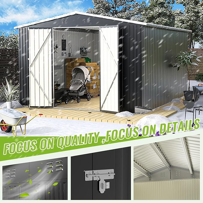 PABIMIA10X10 FT Outdoor Storage Shed, Durable Metal Outside Storage with Lockable Doors, Waterproof Storage Shed for Tools, Equipment, Ideal for Backyard Garden Patio Lawn