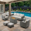 7 Piece Wicker Patio Furniture with Fire Pit Table - Outdoor Conversation Set with 50,000 BTU Fire Pit, All Weather Rattan Patio Set for Deck Backyard Garden - Grey Wicker Beige Cushion