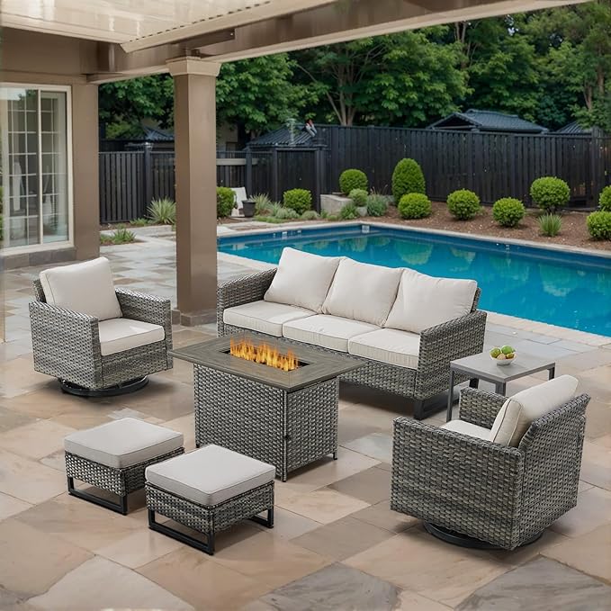 7 Piece Wicker Patio Furniture with Fire Pit Table - Outdoor Conversation Set with 50,000 BTU Fire Pit, All Weather Rattan Patio Set for Deck Backyard Garden - Grey Wicker Beige Cushion