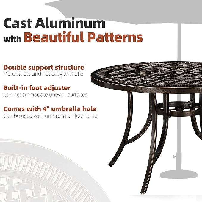 PURPLE LEAF 47" Outdoor Cast Aluminum Round Dining Table with Umbrella Hole Patio Furniture for Backyard Lawn Balcony Deck, Patio Dining Table, Lattice