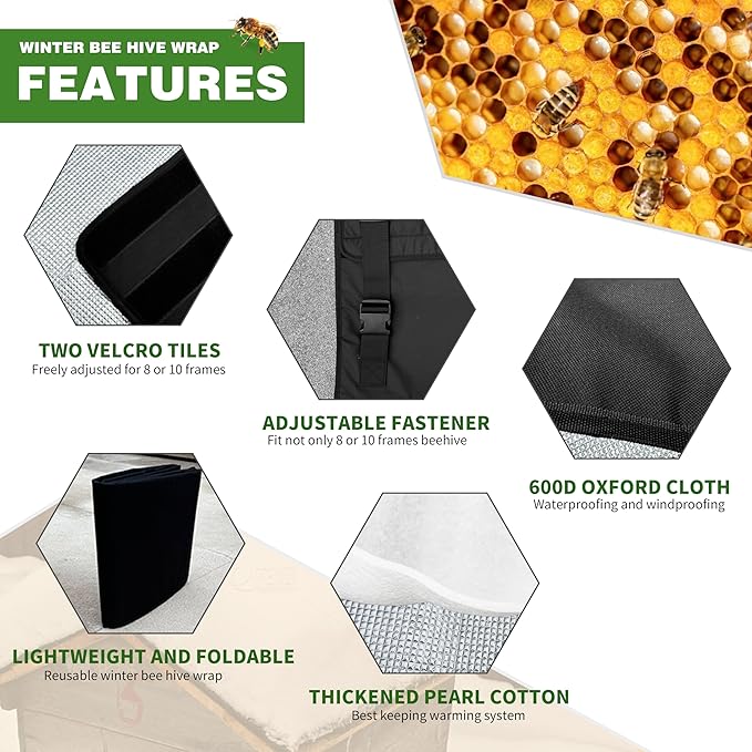 Winter Bee Hive Wrap for 8 and 10 Frame Hives, Adjustable Beehive Wrap Beekeeping Supplies, 600D Oxford Insulated Cover, Waterproof, Windproof, Lightweight, Eco-Friendly, Reusable, 75.98" x 23.6"