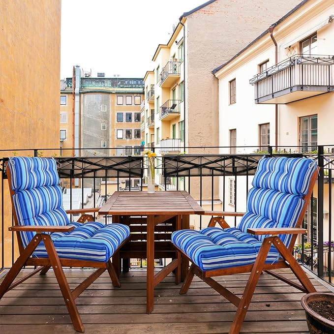 EAGLE PEAK Tufted Outdoor/Indoor High Back Patio Chair Cushions, Set of 2, 46'' x 22'', Blue Stripe