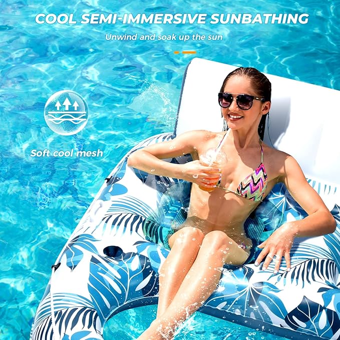 Pool Floats Adult 1-2-3 Person Inflatable Lounger, Extra Large Tanning Recliner Floaty Chair Raft with Backrest, Footrest, Cup Holder for Pool, Lake, River, Beach, Ocean & Party Use