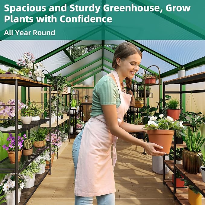 8x12 FT Greenhouse - Large Aluminum Greenhouses for Outdoors, Heavy Duty Polycarbonate Greenhouse with Roof Vent&Ground Nails, Walk-in Green Houses for Garden, Backyard, Patio, Easy Assembly