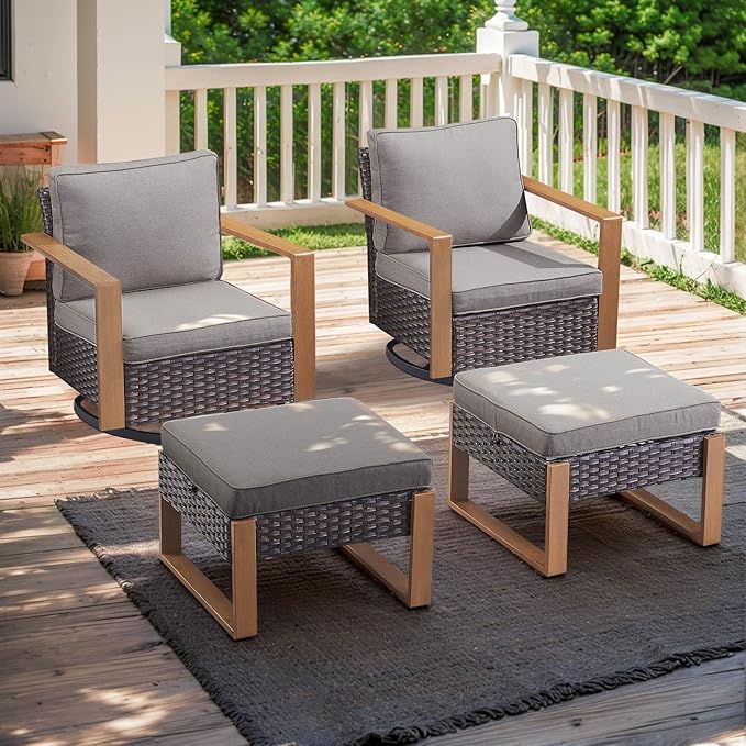 Rilyson Outdoor Wicker Patio Furniture Set - 4 Piece Patio Conversation Set with 2 Wicker Swivel Rocker Chairs,2 Rattan Ottoman, Thick Cushions, Deep Seating, Wide Armrest(Brown/Grey)