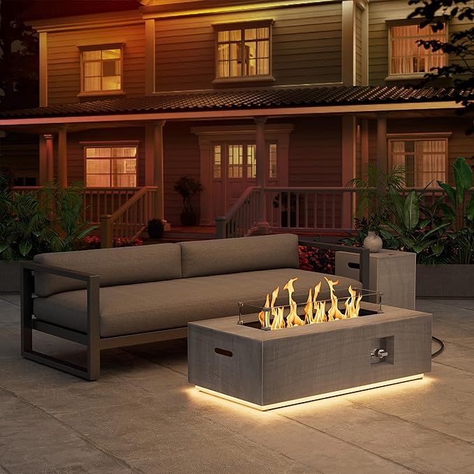 Dineli 2-Piece Outdoor Propane Fire Pit Table Set w Tank Table 42'' Rectangular Firepit Gas Fire Pits for Outside Patio Table Fire Pit w LED, 50,000 BTU (Light Gray, with Warmlight)