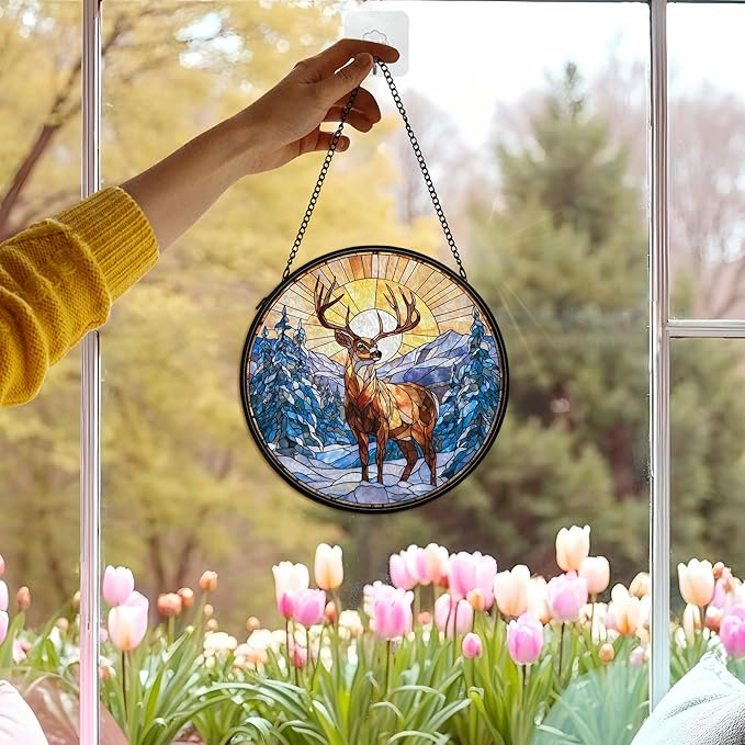 cvjutf Winter Wonderland Christmas Deer Suncatcher Stained Glass Window Hanging Decorstions, Landscape Stained Glass Wall Decor, Winter Solstice Gifts, Forest Garden Sun Catchers Window Art, 7.9x7.9In