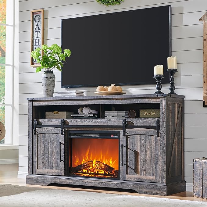 OKD Farmhouse Fireplace TV Stand for 70 Inch TV, 34" Tall Highboy Entertainment Center w/Electric Fireplace, Rustic Media Console w/Sliding Arched Door for Living Room,Dark Rustic Oak