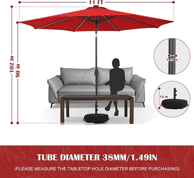 Sundale Outdoor Olefin 5-Year-Non-Fading Solar 104 LED 11FT Solar Patio Umbrella with Sand Bag Base, Outdoor Umbrella with Tilt and Crank, Red