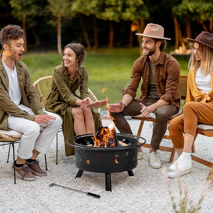 30 Inch Portable Fire Pit for Patio, Backyard, Garden, Fire Pits for Outside Wood Burning with Lid & Poker, Outdoor Firepit & Round Metal Firepit for Camping, Heating, Bonfire & Picnic