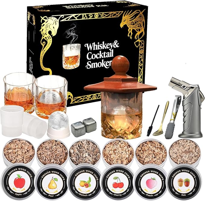 Whiskey Smoker Kit with Torch & 6 Wood Chips - Bourbon Old Fashioned Cocktail Smoker Set, 2 Whisky Glass Sets - Ultimate Birthday Gifts for Men, Dad, Husband (No Butane)