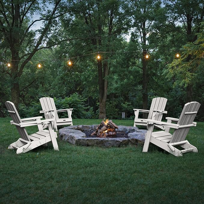 Folding Adirondack Chair 4 Pack, HDPE All-Weather Fire Pit Chairs, Plastic Adirondack Chairs with 2 Cup Holder, Outdoor Lawn Chair for Patio Garden (White)