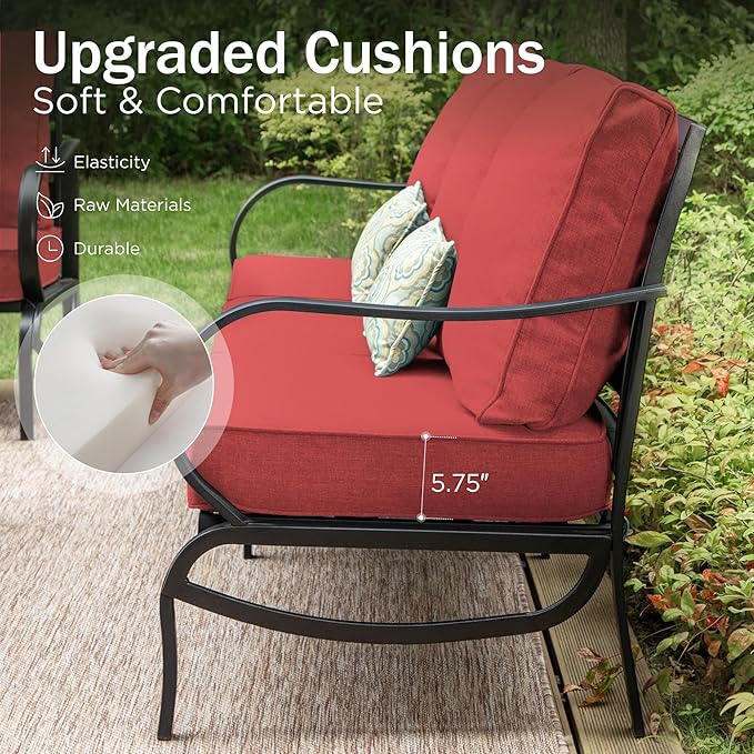 PHI VILLA Patio Furniture with 1 x 45 Metal FirePit Table, 1 x 3-Seat Wide Deep Seating Bench, 2 x Swivel Sofa Chairs & 2 Ottomans, 5.75" Thick Cushioned Outdoor Conversation Set for 5,Red