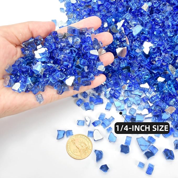 GasSaf 1/4 Inch Fire Glass Reflective Tempered Fireglass Cut Crushed FireGlass for Fire Pit, Fireplace, Replaces Existing Gas Logs & Lava Rocks (20 Pound)(Cobalt Blue Reflective)