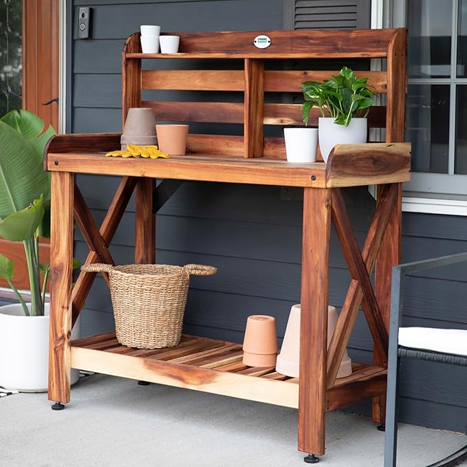 Backyard Discovery 47" Acacia Wood Garden Potting Bench & Serving Bar with Lower Storage Shelf, Leveling Feet, All-Weather Farmhouse Design for Patio, Deck, Porch, Kitchen, Dining Room