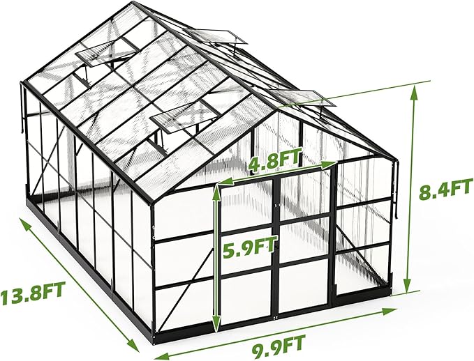 AMERLIFE 10'×14'×8.4' Outdoor Polycarbonate Greenhouse, Heavy-Duty Aluminum Frame Garden Greenhouse with 4 Roof Vents, Rain Gutters & Lockable Door, Fit for Backyard Garden, Black