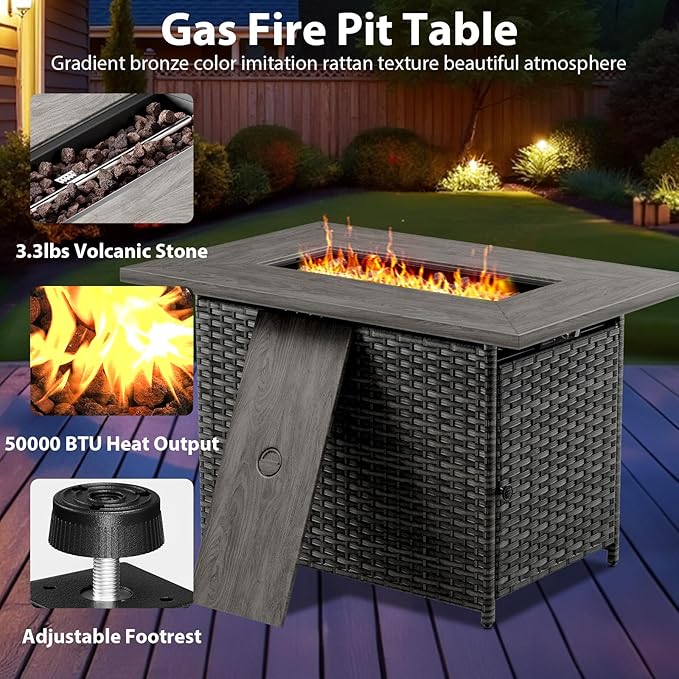 5 Piece Wicker Patio Furniture with Fire Pit Table - Outdoor Conversation Set with 50,000 BTU Fire Pit, All Weather Rattan Patio Set for Deck Backyard Garden - Grey Wicker Beige Cushion
