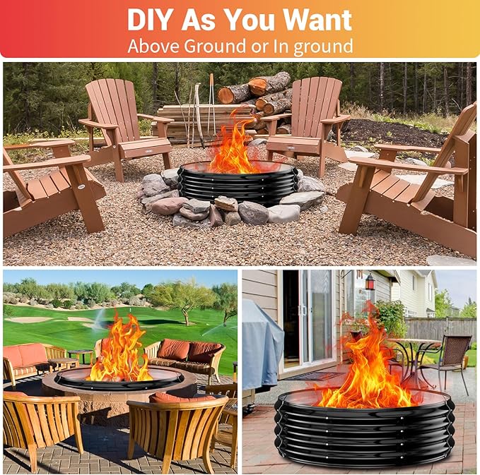36 Inch Fire Pit Ring for Outside, Heavy Duty High Heat Resistant Outdoor Wood Burning Firepit & Fireplace,12" Tall,Portable Galvanized Steel Fire Pits Bowl for Backyard Bonfire,Patio,Camping,Round