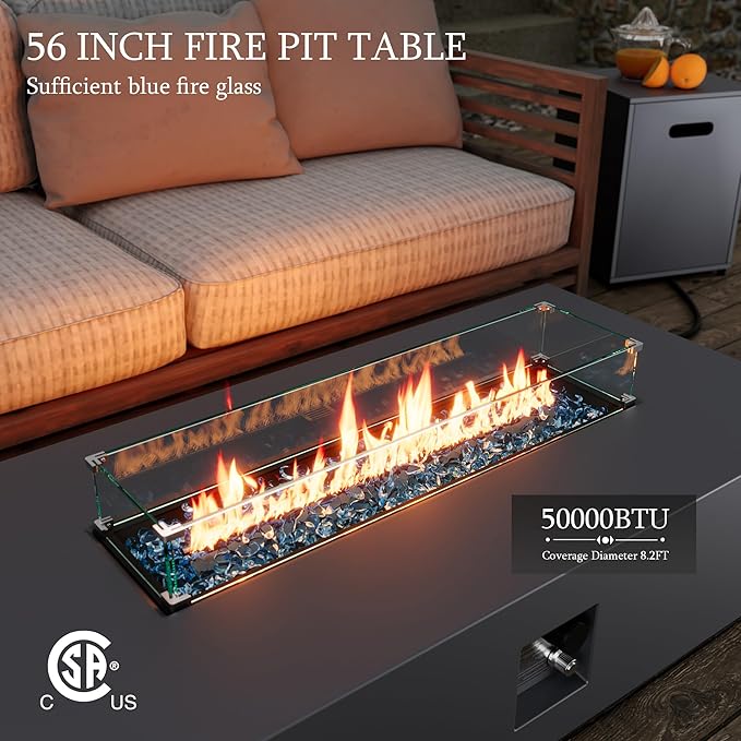 UPHA 56-inch Outdoor Propane Gas Fire Pit Table 50000 BTU Iron Rectangle Firepit for Outside Patio with Tank Hidden Table, Wind Guard, Removable Lid, Blue Glass Rocks, Rain Cover, Grey