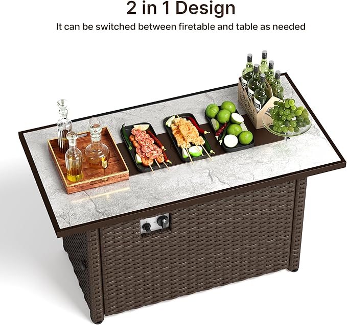 Gizoon 45" Gas Fire Pit Table, Propane Fire Pit with Glass Rocks, Waterproof Cover and Pe Rattan, Outdoor Patio Fire Pits for Backyard, Garden, Party
