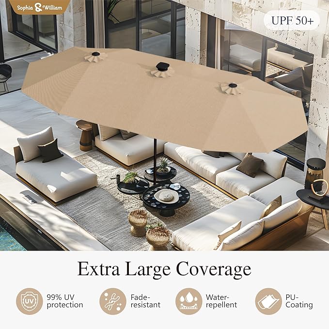 Sophia & William 13ft Outdoor Patio Umbrella with Solar Lights, Large Double-sided Umbrella with LED Lights, Perfect for Garden, Deck, Pool, Beige